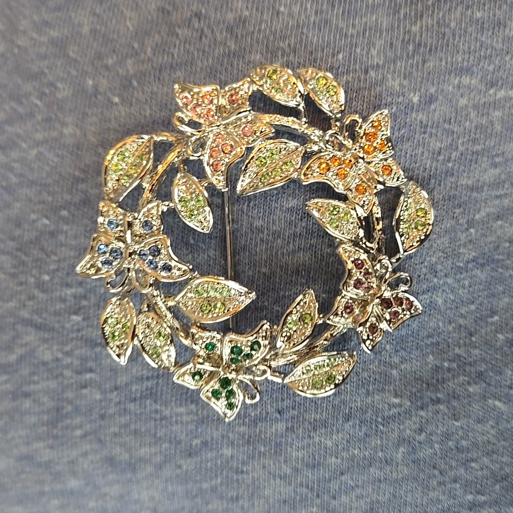 Eternity Circle Brooch, Pin, with multi color brilliant Butterflies, Stamped JBK